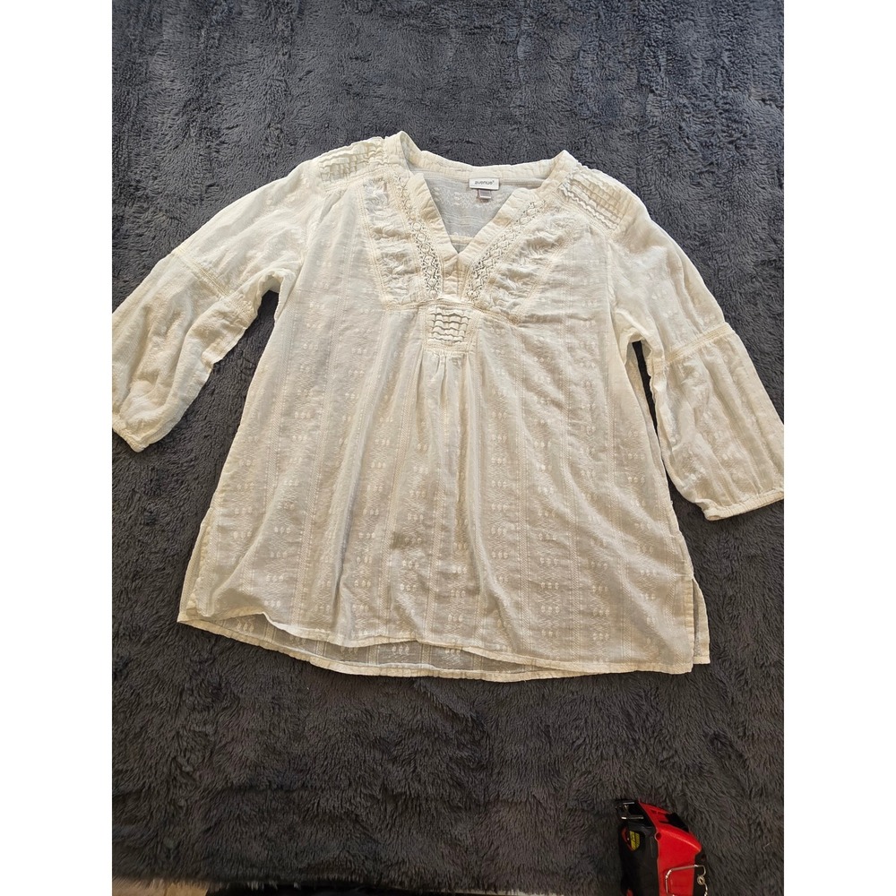 Avenue Womens White Embroidered Boho Peasant Blouse V-Neck 3/4 Sleeve Size 14/16